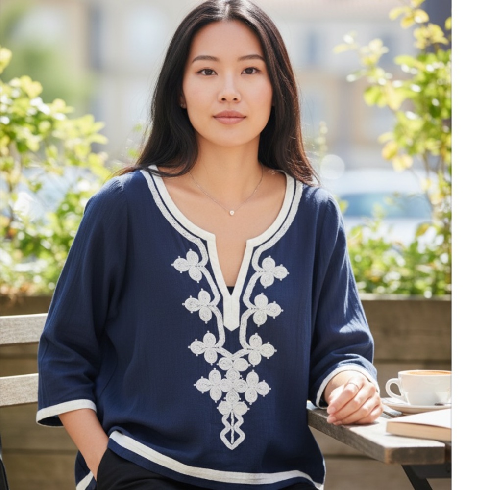 THML Anthro lace embroidered and embellished navy  Bohemian blue top in Med